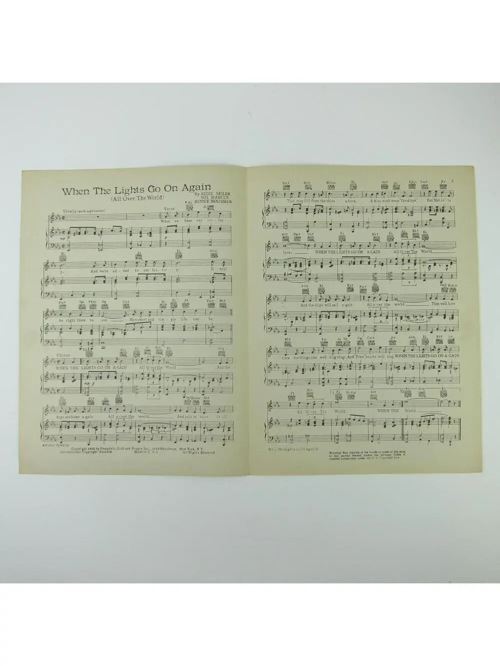 Sheet Music When the Lights Go on Again All Over the World Vintage 1942 WW2 WWII